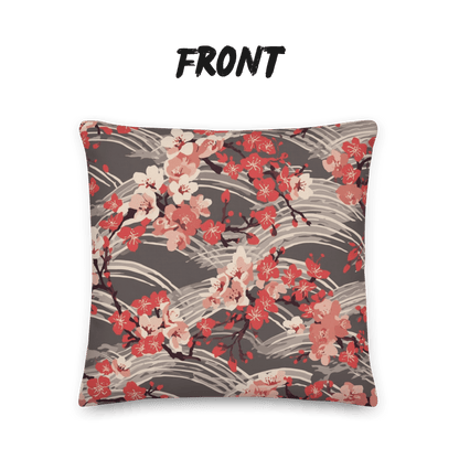 Sakura Wave Throw Pillow with Insert — Japanese Floral Seigaiha Cushion | Crimson Dusk