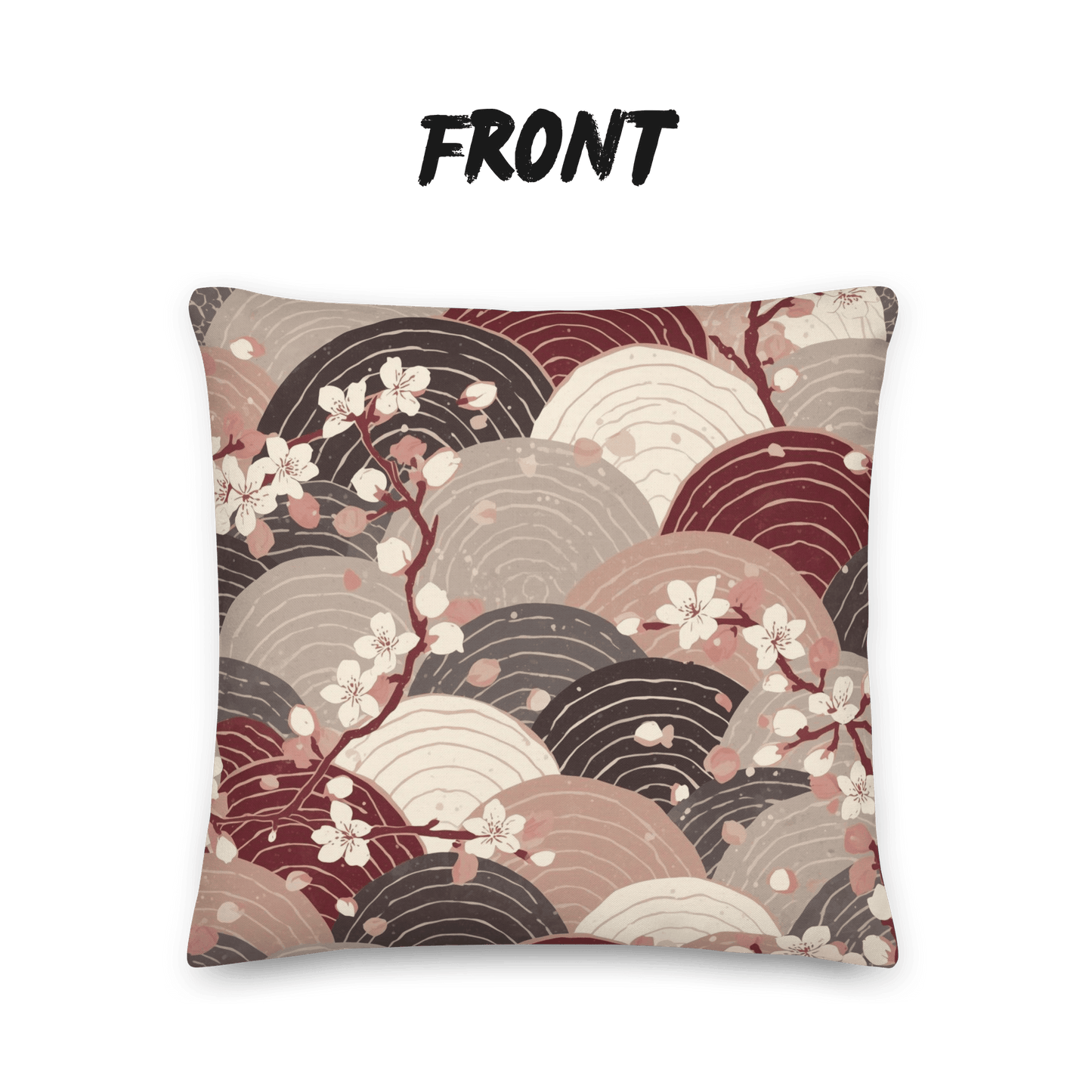 Sakura Wave Throw Pillow with Insert — Japanese Floral Seigaiha Cushion | Burgundy Tide