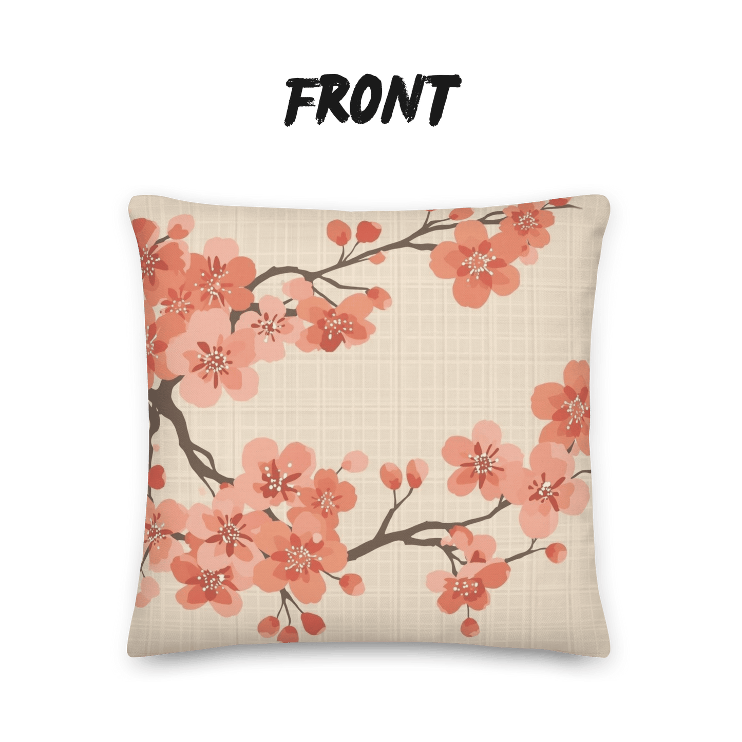Coral Bloom Sakura Throw Pillow with Insert — Japanese Cherry Blossom Cushion | Large-Scale Botanical