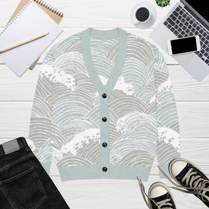 Seigaiha Wave Knit Cardigan — Japandi Coastal Unisex Sweater in Steel Tide