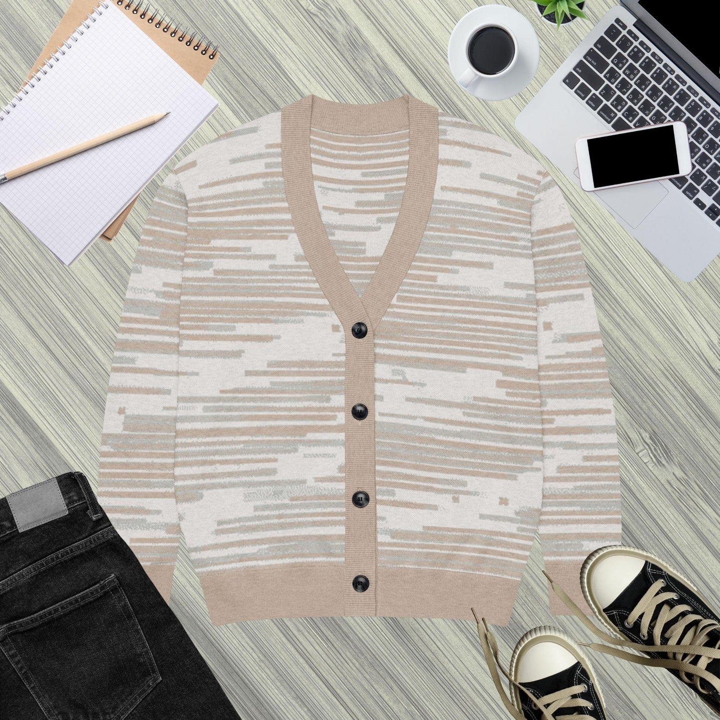 Wheat Field Textured Stripe Knit Cardigan — Japandi Woven Neutral Sweater | Unisex Jacquard Knitwear
