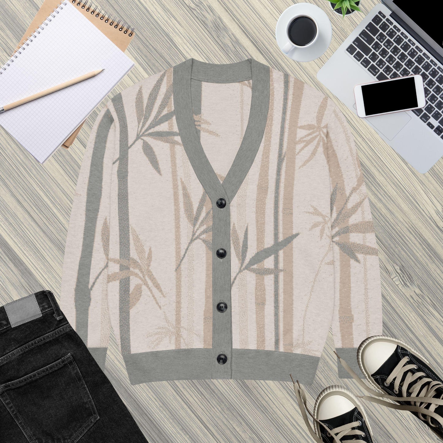 Sage Grove Bamboo Knit Cardigan — Japandi Botanical Take Sweater | Unisex Jacquard Knitwear