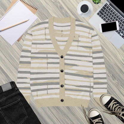 Linen Wash Sumi-e Stripe Knit Cardigan — Japandi Brushstroke Sweater | Unisex Jacquard Knitwear