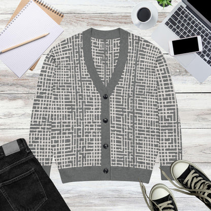 Slate Lattice Geometric Knit Cardigan — Japandi Architectural Sweater | Unisex Jacquard Knitwear