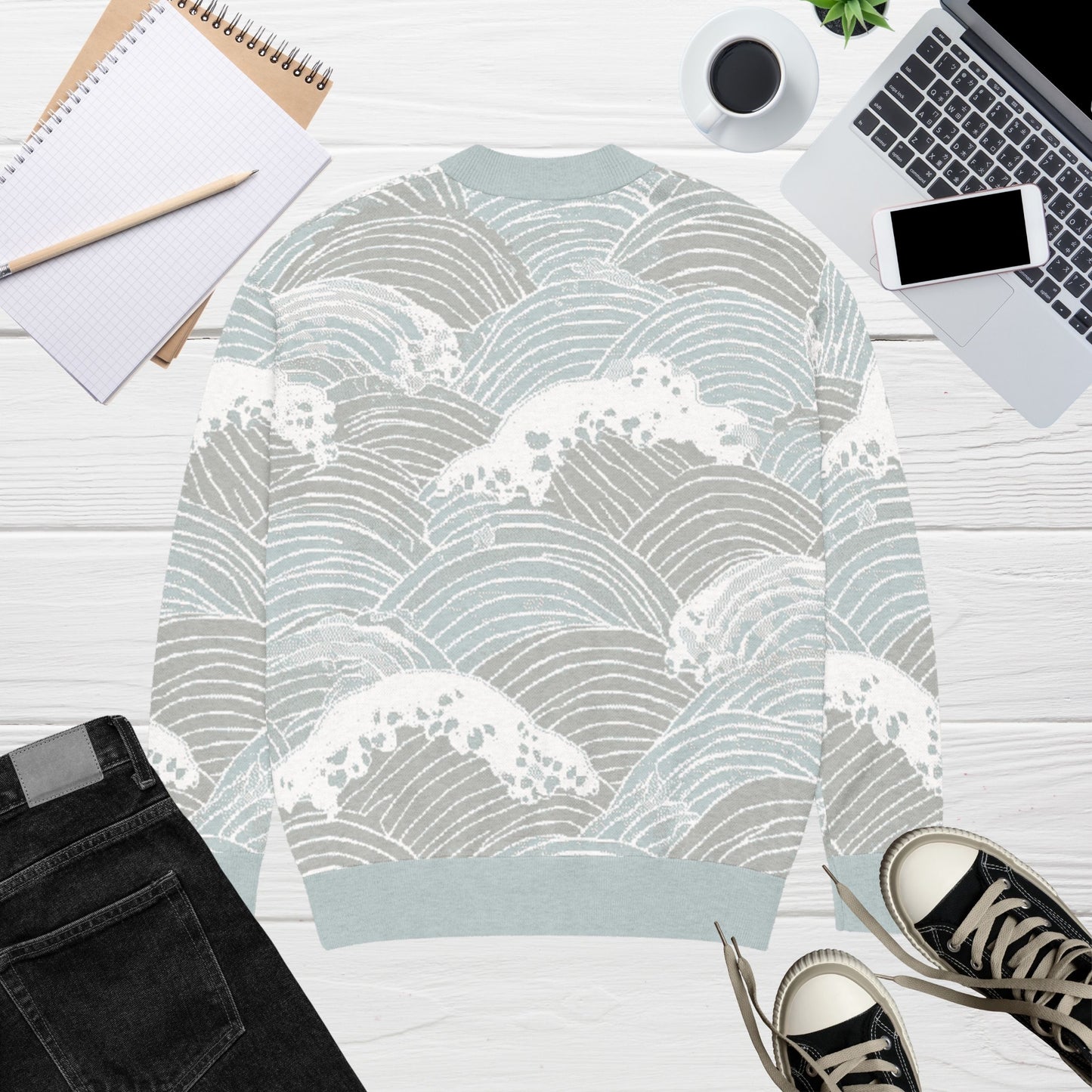 Seigaiha Wave Knit Cardigan — Japandi Coastal Unisex Sweater in Steel Tide