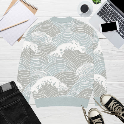 Seigaiha Wave Knit Cardigan — Japandi Coastal Unisex Sweater in Steel Tide