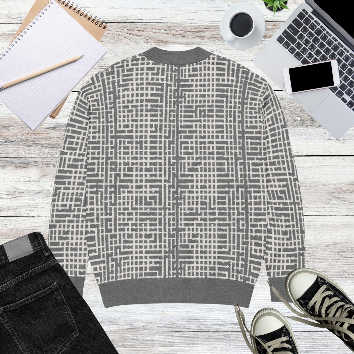Slate Lattice Geometric Knit Cardigan — Japandi Architectural Sweater | Unisex Jacquard Knitwear