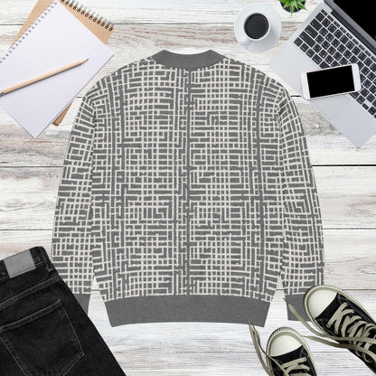Slate Lattice Geometric Knit Cardigan — Japandi Architectural Sweater | Unisex Jacquard Knitwear