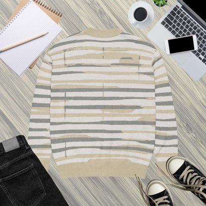 Linen Wash Sumi-e Stripe Knit Cardigan — Japandi Brushstroke Sweater | Unisex Jacquard Knitwear