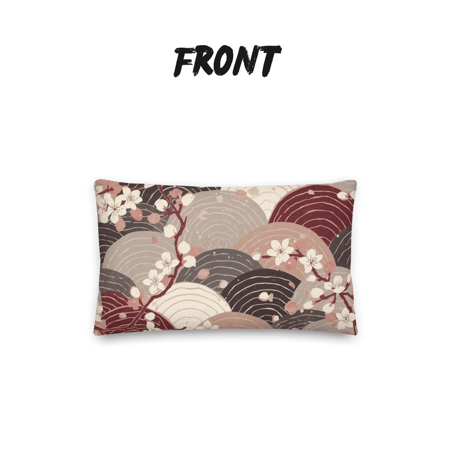 Sakura Wave Throw Pillow with Insert — Japanese Floral Seigaiha Cushion | Burgundy Tide