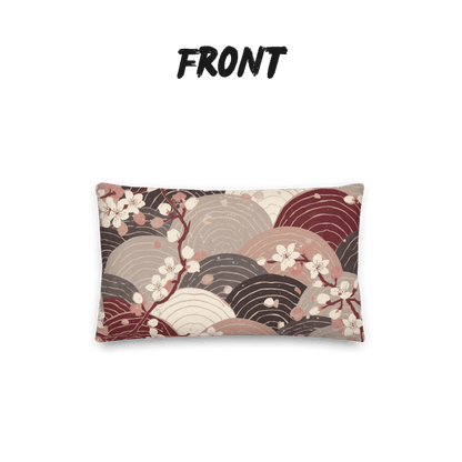 Sakura Wave Throw Pillow with Insert — Japanese Floral Seigaiha Cushion | Burgundy Tide