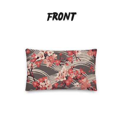 Sakura Wave Throw Pillow with Insert — Japanese Floral Seigaiha Cushion | Crimson Dusk