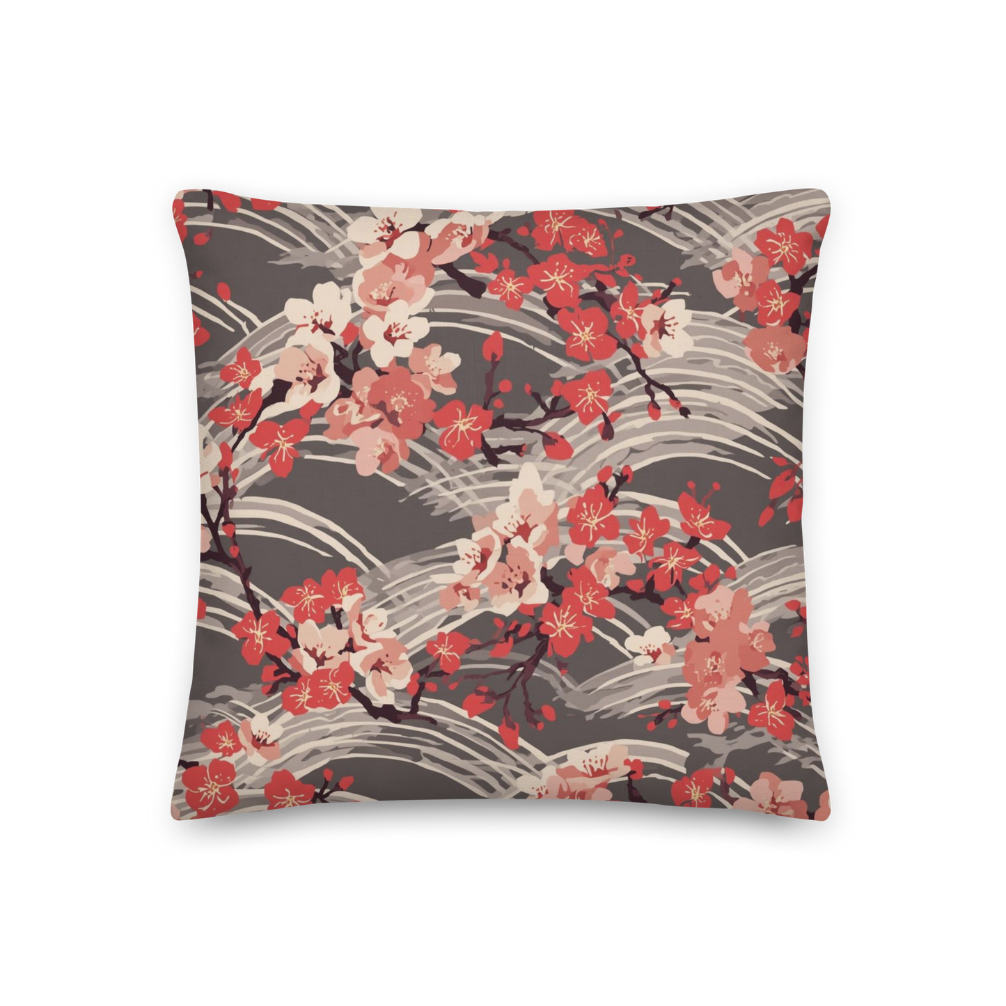 Sakura Wave Throw Pillow with Insert — Japanese Floral Seigaiha Cushion | Crimson Dusk