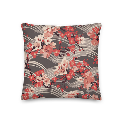 Sakura Wave Throw Pillow with Insert — Japanese Floral Seigaiha Cushion | Crimson Dusk
