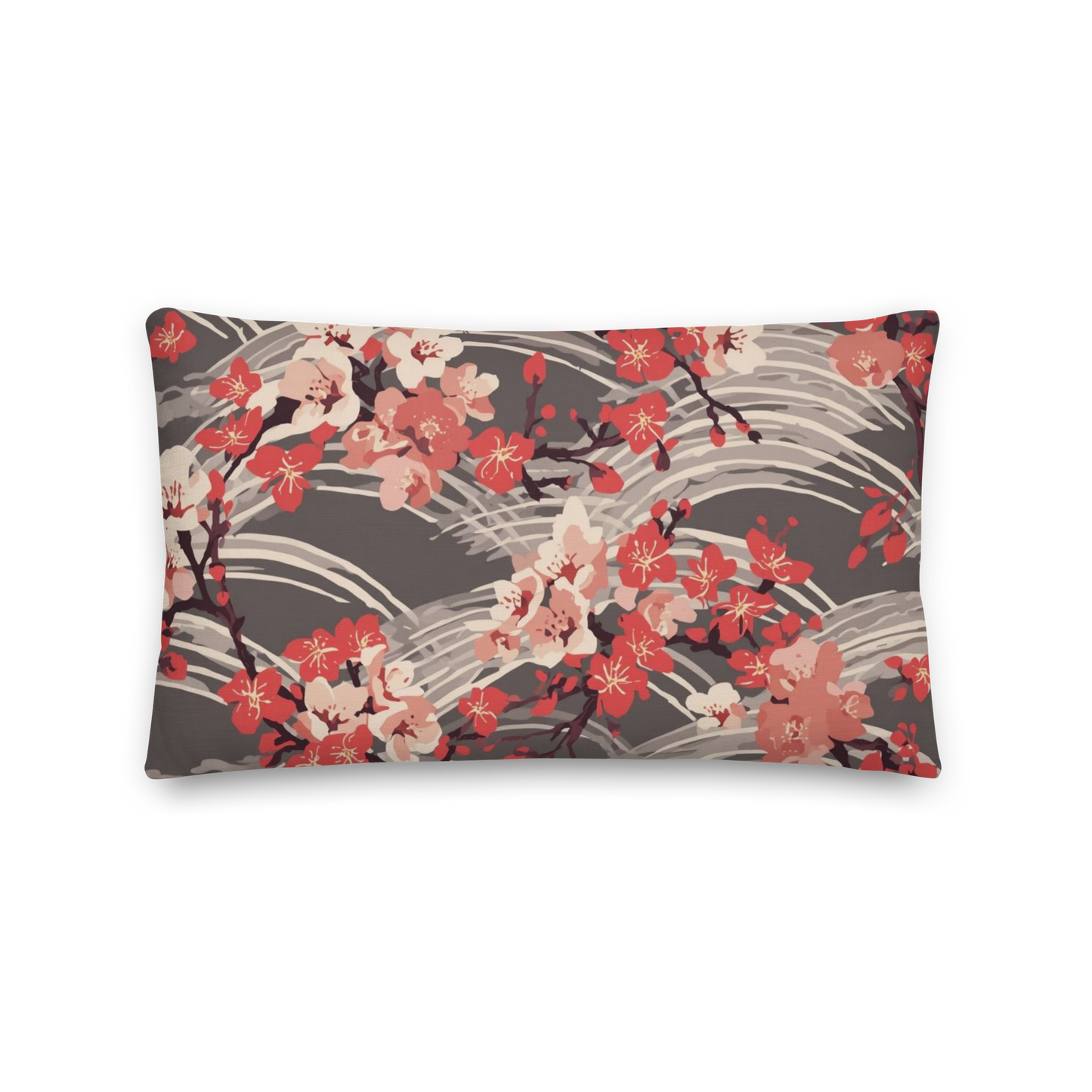 Sakura Wave Throw Pillow with Insert — Japanese Floral Seigaiha Cushion | Crimson Dusk