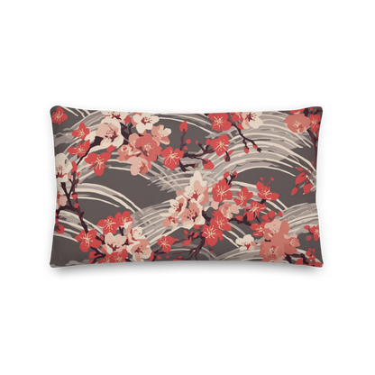 Sakura Wave Throw Pillow with Insert — Japanese Floral Seigaiha Cushion | Crimson Dusk