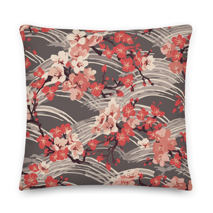 Sakura Wave Throw Pillow with Insert — Japanese Floral Seigaiha Cushion | Crimson Dusk