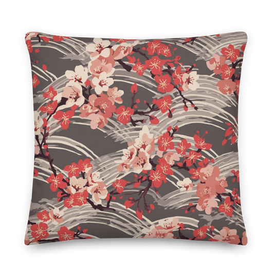Sakura Wave Throw Pillow with Insert — Japanese Floral Seigaiha Cushion | Crimson Dusk