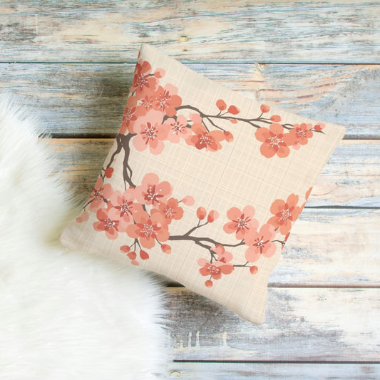 Coral Bloom Sakura Throw Pillow Cover — Japanese Cherry Blossom Cushion | Large-Scale Botanical