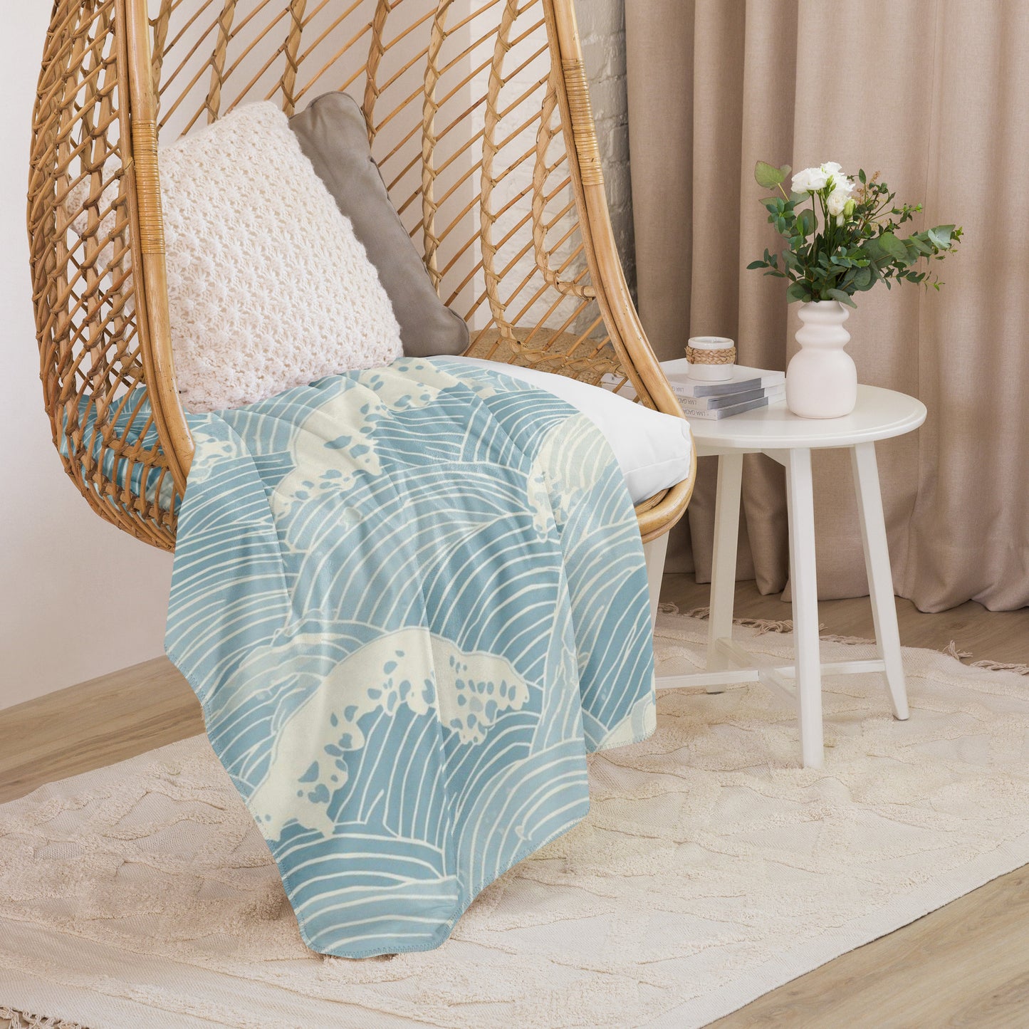Seigaiha Sherpa Blanket — Japanese Wave Pattern Throw in Steel Tide