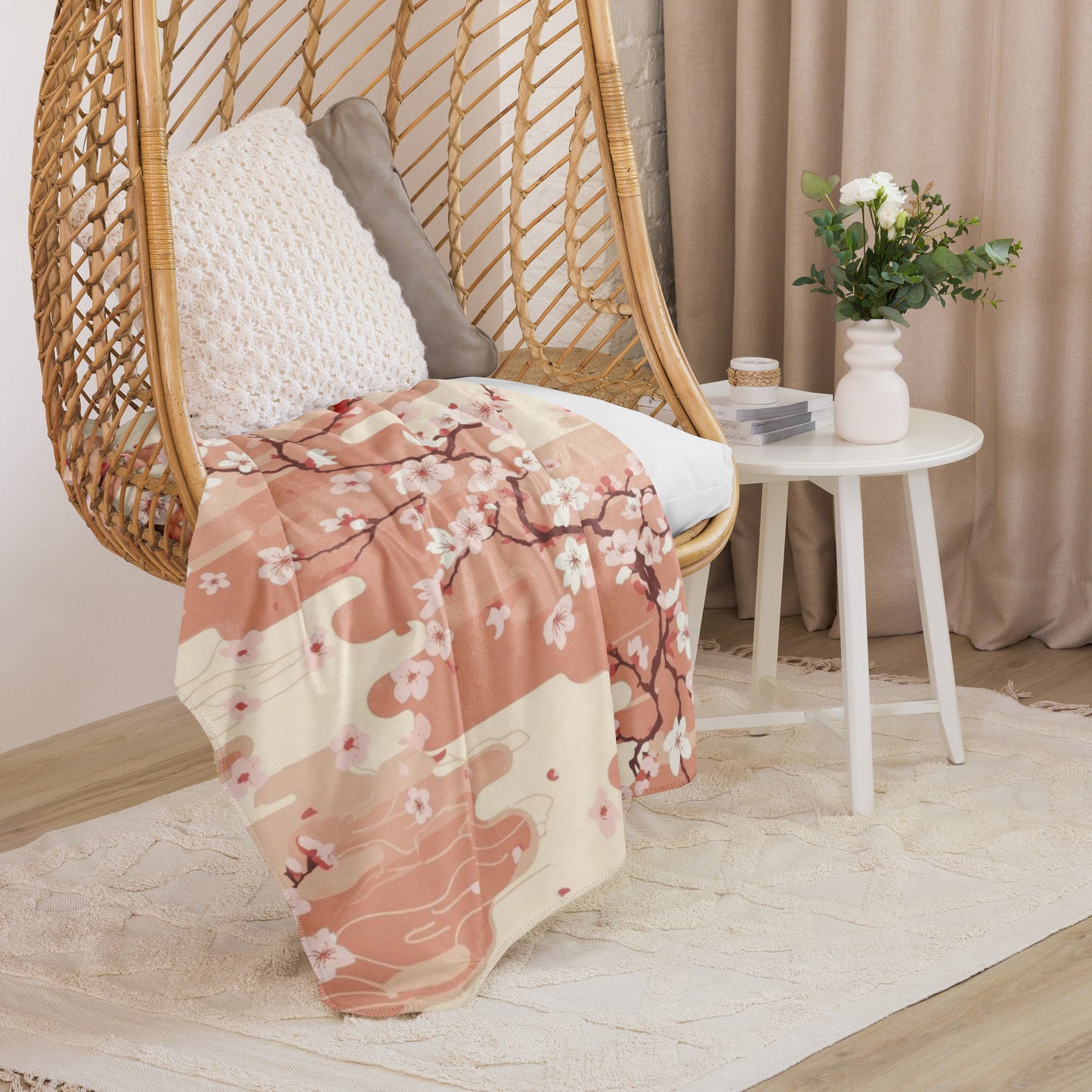 Sakura Cherry Blossom Sherpa Blanket — Japanese Floral Throw | Japandi Botanical Home Decor