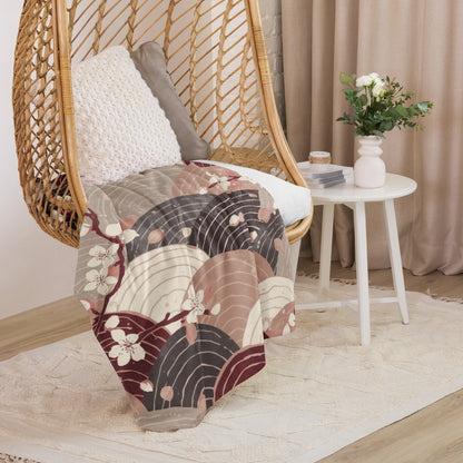 Sakura Wave Sherpa Blanket — Japanese Floral Seigaiha Throw | Burgundy Tide