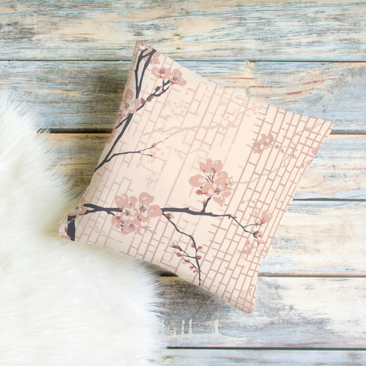 Blush Shoji Sakura Throw Pillow Cover — Japanese Cherry Blossom Shoji Screen Cushion | Tonal Botanical