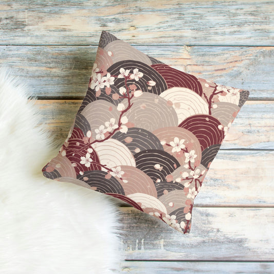 Sakura Wave Throw Pillow Cover — Japanese Floral Seigaiha Cushion | Burgundy Tide