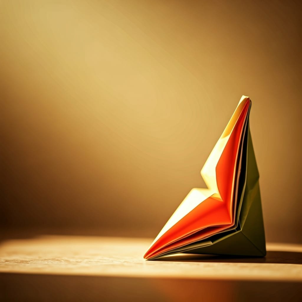 Art journey of a piece of folded paper on a wooden table