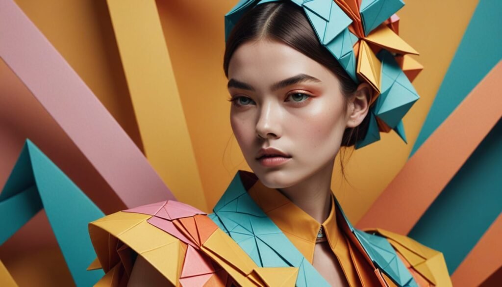 Folded geometry of a woman dressed in a colorful jacket and headband inspired by sculptural polygons.