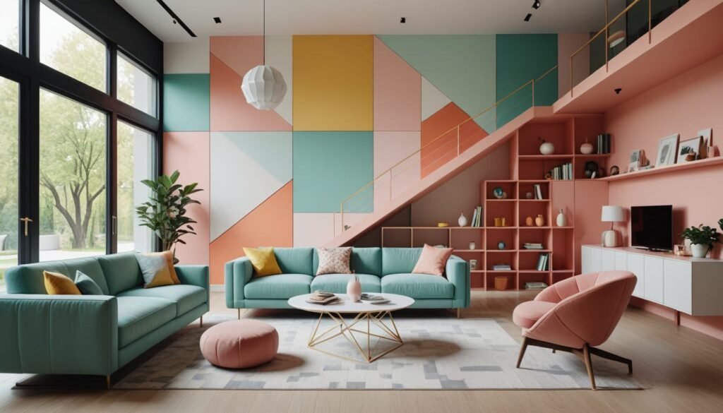 Folded geometry in a living room featuring pastels and whimsical polygons.
