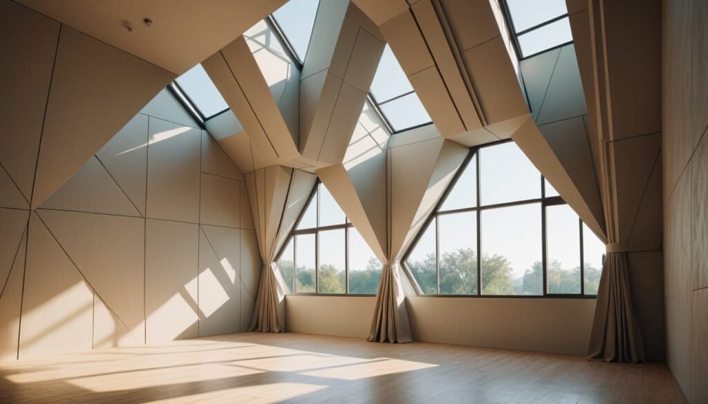 Folded geometry mixing pleated curtains and interior architecture in an open floor plan.