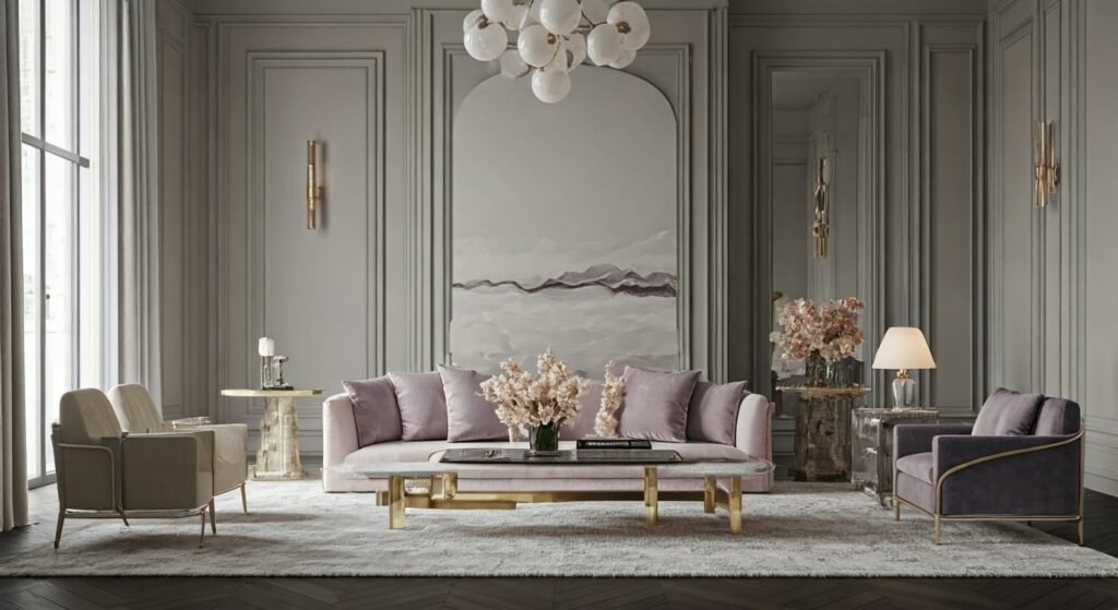 A light and airy room featuring modern glam interior decorations.