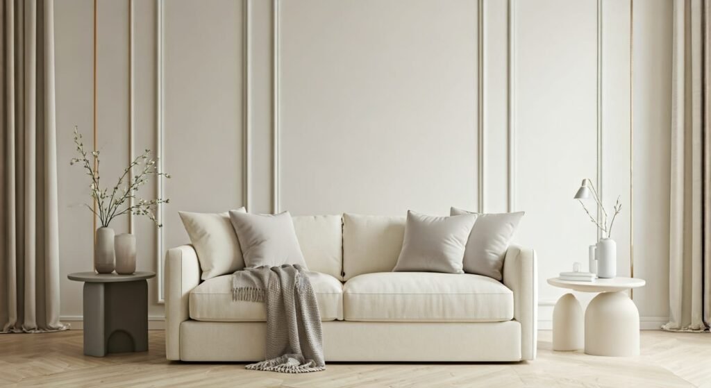 A light an airy room featuring a minimalist interior design with a white and neutral color palette.