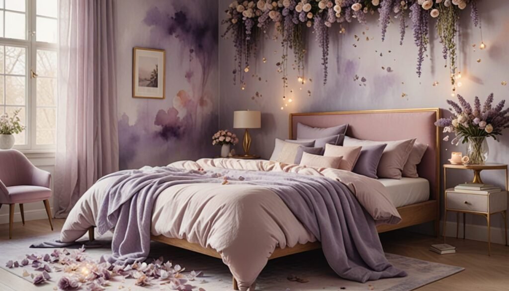 Summer color of delicate lilacs and lavenders in a bedroom.