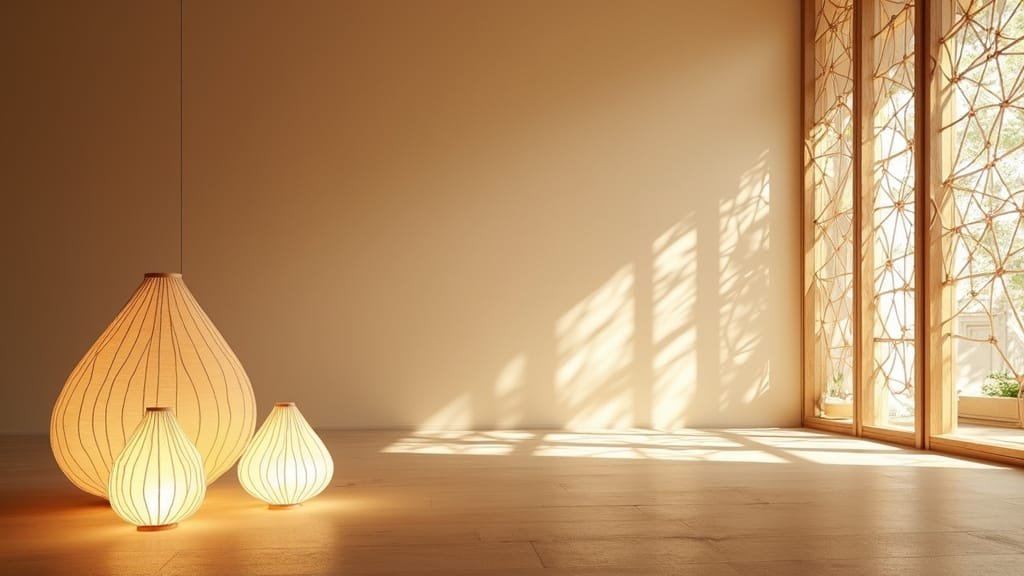 Origami-inspired light fixtures in a dimly-lit minimalist room to demonstrate quiet luxury and its ambiance.