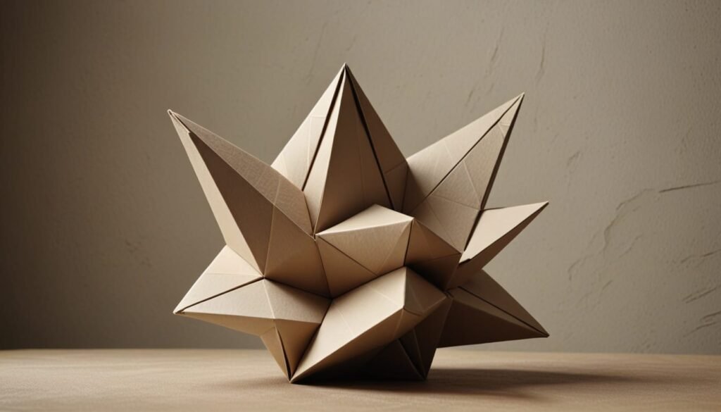 A spikey geometric origami sculpture in front of a wall featuring heavy plaster.