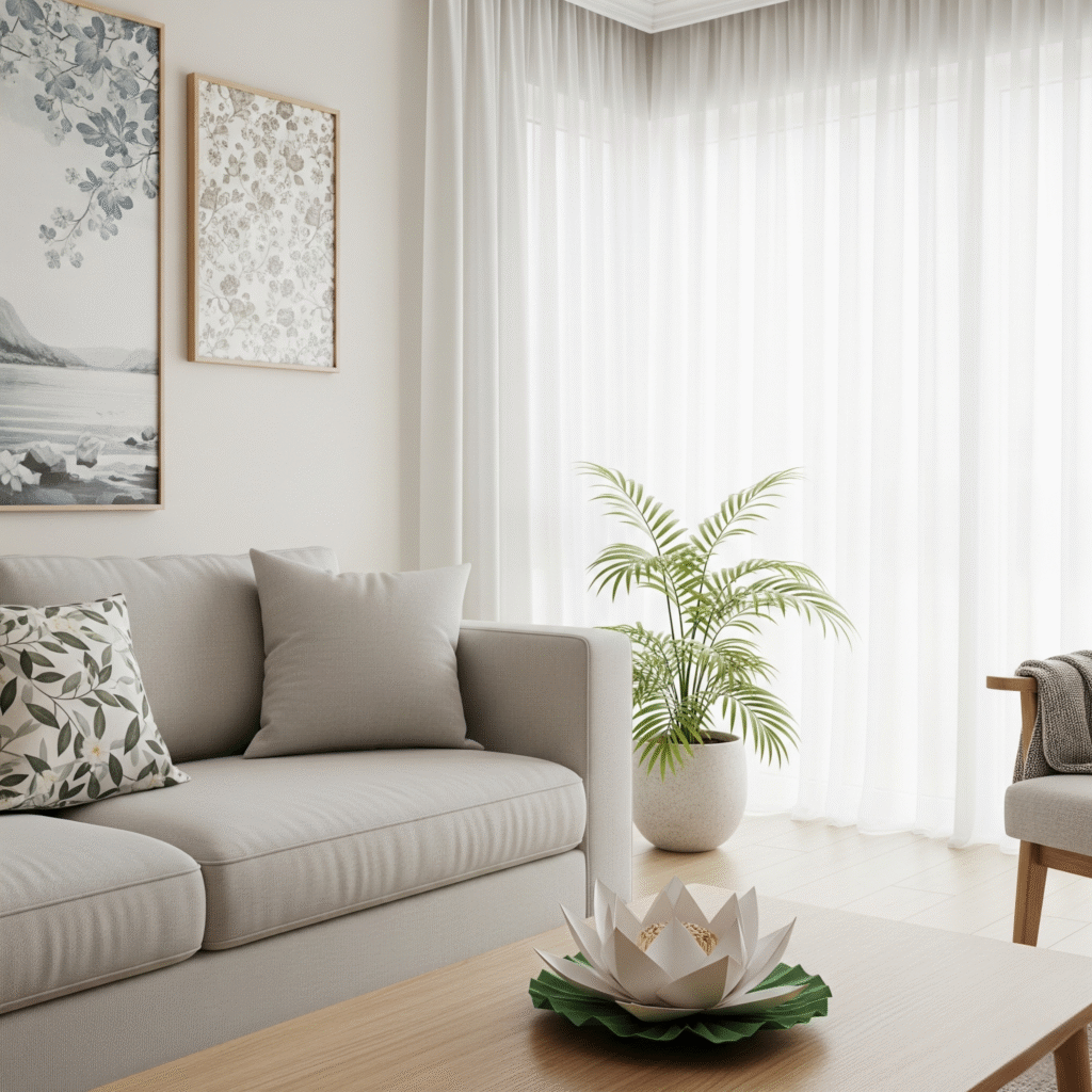 A living room as a calm summer escape with seasonal interior design elements.