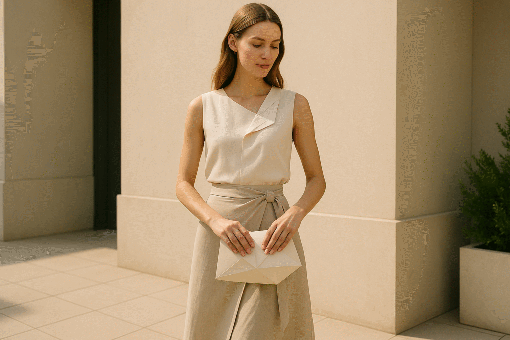 A structured shirt, skirt, and clutch is neutral tones for lightweight and breathable outfit ideas