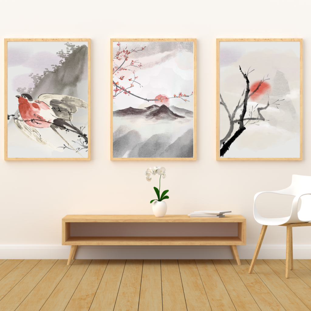 Framed digital art of watercolor Japanese zen landscapes