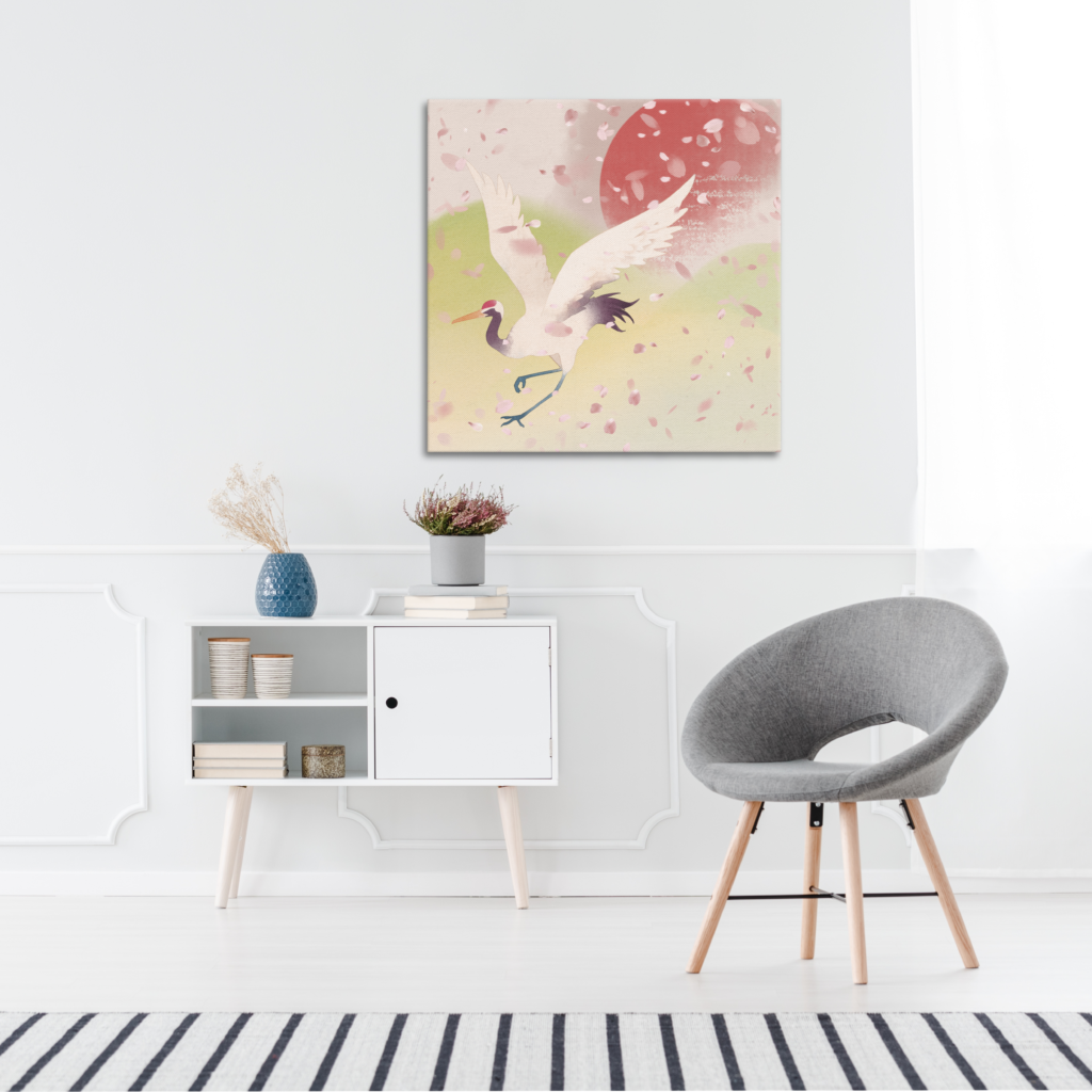 Canvas print of a red crowned crane flying in an open field of swirling cherry blossom petals.