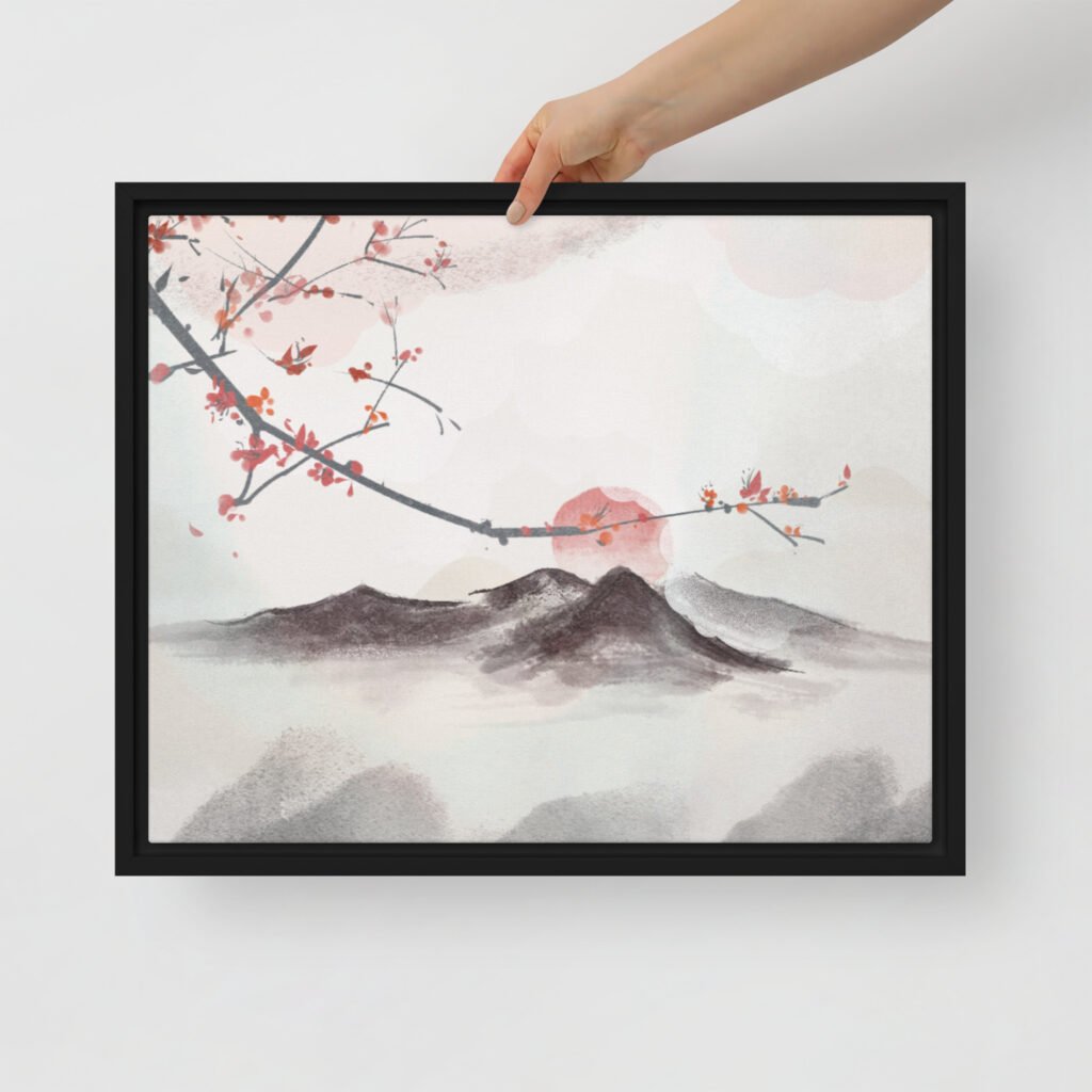 Japanese-inspired home decor featuring sumi-e painted mountains and a setting red sun.