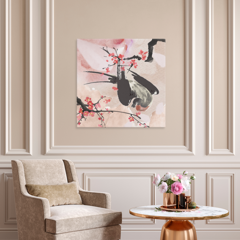 Canvas art of a bird and cherry blossom tree branches in a small space